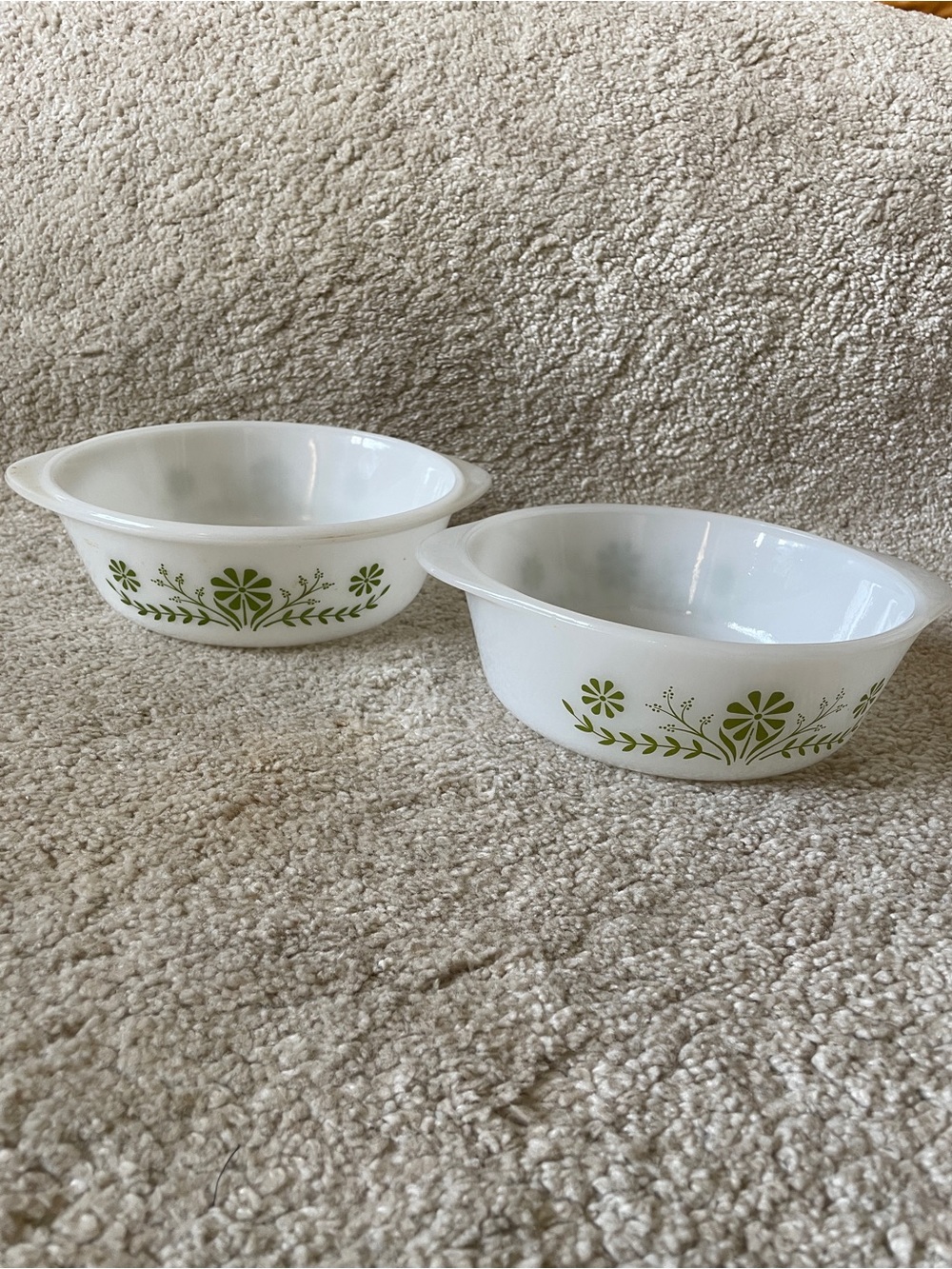 Vintage White Glasbake Casserole Bowls with Green Floral Pattern (Set of 2)